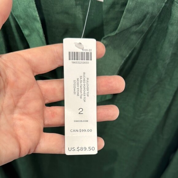 Chico's Ruched Popover Blouse Collared Pullover Silk Mossy Stone Women's 2 NWT - Picture 7 of 9